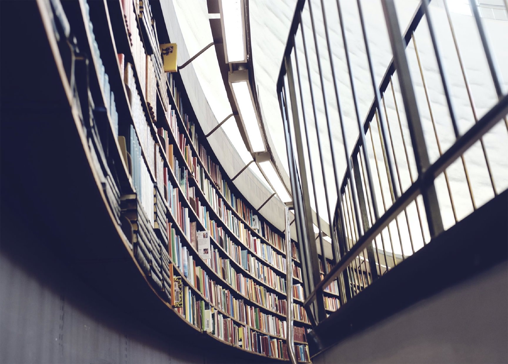 Modern library with many bookshelves full of books